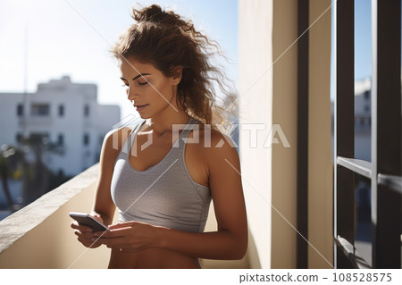 Young athletic Hispanic woman in sportswear with smartphone while training outdoors. Slender swarthy girl resting after jogging or workout in city street. Active lifestyle in urban environment. Young athletic Hispanic woman in sportswear with smartphone while training outdoors. Slender swarthy girl resting after jogging or workout in city street. Active lifestyle in urban environment. 108528575