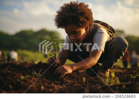 Beautiful little African American boy bends over tiny green sprout in the garden. Adorable child plants a plant in the ground. Fostering a love of nature and concern for environment from childhood. Beautiful little African American boy bends over tiny green sprout in the garden. Adorable child plants a plant in the ground. Fostering a love of nature and concern for environment from childhood. 108528683