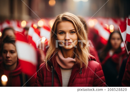Young cheerful girl against the backdrop of crowd of young people marching along city street under red and white flags. Poland Independence Day. Patriotic concept with national state symbol. 108528820