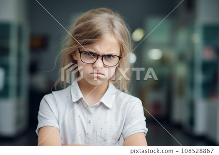 Portrait of a little sullen girl in a home setting, folding her arms and frowning eyebrows. Cute little girl is upset and offended. Beautiful child expresses negative emotion with face and pose. Portrait of a little sullen girl in a home setting, folding her arms and frowning eyebrows. Cute little girl is upset and offended. Beautiful child expresses negative emotion with face and pose. 108528867