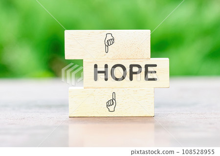 HOPE Back to school the inscription on wooden bars against a background of green plants is out of focus 108528955