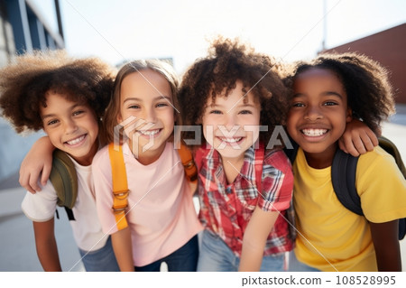 Group of cheerful schoolchildren hugging and looking at camera. Happy smiling multiethnic kids posing for group portrait. Children of different skin colors go to school together. Diversity concept. 108528995