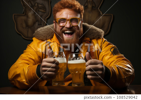 Comic portrait of fat redhead bearded man in yellow superhero costume wearing glasses with two glasses of beer. Funny smiling dude portrays the mighty Superman and gives a thumbs up. Black background. Comic portrait of fat redhead bearded man in yellow superhero costume wearing glasses with two glasses of beer. Funny smiling dude portrays the mighty Superman and gives a thumbs up. Black background. 108529042