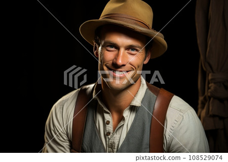 Portrait of mature man in cowboy clothes and hat against the black background. The Red Dead Redemption character looks at the camera with confident smile. Real courageous cowboy. Portrait of mature man in cowboy clothes and hat against the black background. The Red Dead Redemption character looks at the camera with confident smile. Real courageous cowboy. 108529074