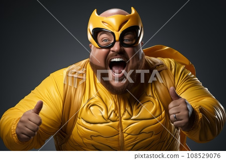Comic portrait of a fat grey bearded man in yellow superhero costume with a mask. Funny smiling dude portrays the mighty Batman and gives a thumbs up. Isolated on black background. 108529076