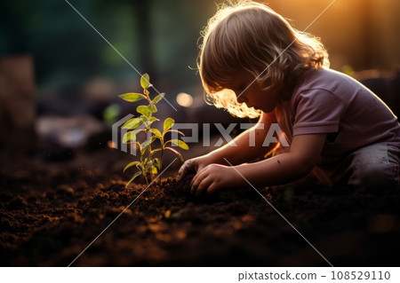 Beautiful little Caucasian girl bends over tiny green sprout in the garden. Adorable child plants a plant in the ground. Fostering a love of nature and concern for environment from childhood. Beautiful little Caucasian girl bends over tiny green sprout in the garden. Adorable child plants a plant in the ground. Fostering a love of nature and concern for environment from childhood. 108529110