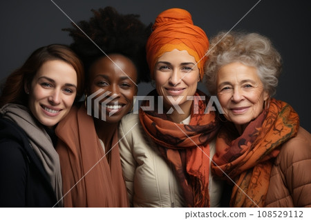Half-length portrait of four cheerful senior diverse multiethnic women. Female friends smiling at camera while posing together. Diversity, beauty, friendship concept. Isolated over grey background. Half-length portrait of four cheerful senior diverse multiethnic women. Female friends smiling at camera while posing together. Diversity, beauty, friendship concept. Isolated over grey background. 108529112
