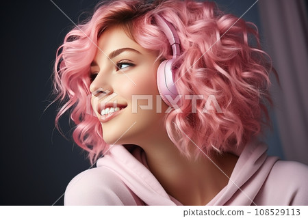Close-up portrait of happy teenage Caucasian girl with pink hair wearing headphones. Pretty girl in a hoodie with charming smile listening to music, having fun, relaxing. Isolated on grey background. 108529113