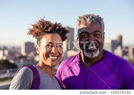 Mature African American couple in sports outfits looking at camera with energetic cheerful smile. Happy loving man and woman jogging or exercising outdoors. Healthy lifestyle in urban environment. Mature African American couple in sports outfits looking at camera with energetic cheerful smile. Happy loving man and woman jogging or exercising outdoors. Healthy lifestyle in urban environment. 108529156