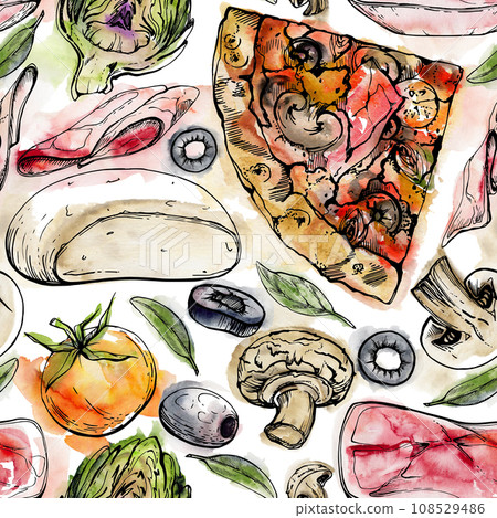 Hand drawn watercolor ink illustration. Capricciosa pizza slice with toppings, Italian cuisine meal. Seamless pattern isolated on white. Design restaurant menu, cafe, food shop package, flyer, print. Hand drawn watercolor ink illustration. Capricciosa pizza slice with toppings, Italian cuisine meal. Seamless pattern isolated on white. Design restaurant menu, cafe, food shop package, flyer, print. 108529486