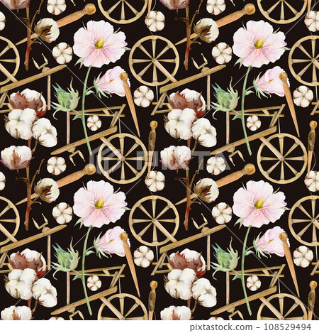 Hand drawn watercolor spinning wheel, spindle, cotton flowers, thread. Hobby handcraft Natural plant. Illustration isolated seamless pattern, dark background. Shop logo print, website, card, booklet. Hand drawn watercolor spinning wheel, spindle, cotton flowers, thread. Hobby handcraft Natural plant. Illustration isolated seamless pattern, dark background. Shop logo print, website, card, booklet. 108529494