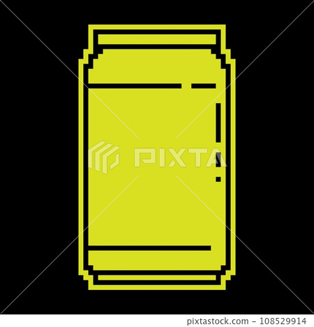 Pixel silhouette icon, aluminum can for soft drinks. Storing cocktails and soda in jar. Simple black and yellow vector isolated Pixel silhouette icon, aluminum can for soft drinks. Storing cocktails and soda in jar. Simple black and yellow vector isolated 108529914