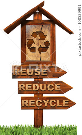 Three Wooden Directional Sign with Text Reuse Reduce Recycle 108529991