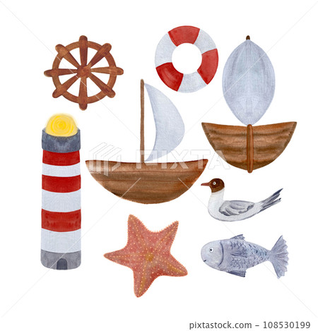 Watercolor lighthouse seagull sailboat set 108530199