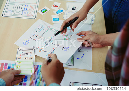 Team of Creative Web, Graphic Designer planning for mobile phone, drawing website ux ui app for mobile phone application and development template layout, process to developing prototype wireframe Team of Creative Web, Graphic Designer planning for mobile phone, drawing website ux ui app for mobile phone application and development template layout, process to developing prototype wireframe 108530314