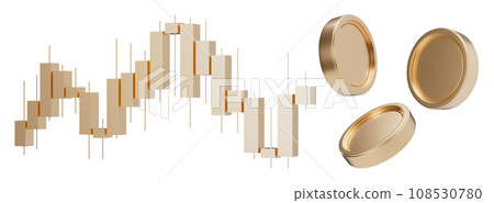 Golden trading chart and coins isolated on white background. Stock trade data on graph with japanese sticks. Financial diagram with assets values moving up and down. Cut out elements group. 3D. 108530780