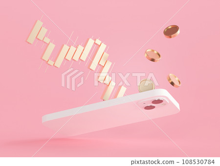 Golden trading chart, coins and smartphone. Trading for women, with mobile phone. Buy, sell on stockmarket. Stock trade data on graph with japanese sticks. Female trader. Investment, finance. 3D. 108530784