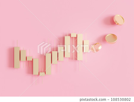 Golden trading chart with coins and copy space. Stock trade data on graph with japanese sticks, pink background. Trading for women. Buy, sell on stockmarket. Female trader. 3D. 108530802