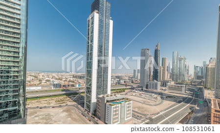 Aerial view of Dubai Downtown skyline with many towers timelapse. 108531061