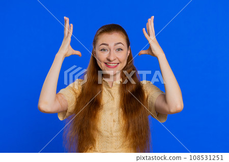 Excited amazed woman showing head explosion, looking worried shocked surprised girl, wow idea eureka 108531251