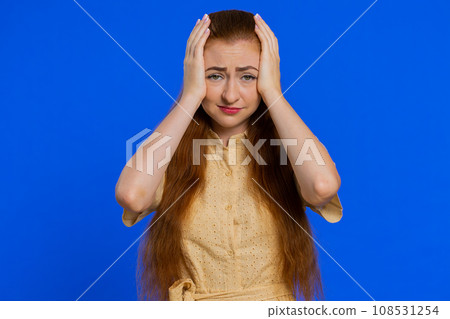 Young sad woman loses becoming surprised by lottery results, bad fortune, loss, unlucky fortune news 108531254