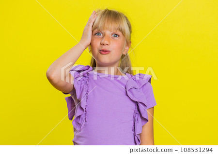 Excited child girl kid surprised, shocked by sudden victory, good win news celebrating, wow reaction 108531294