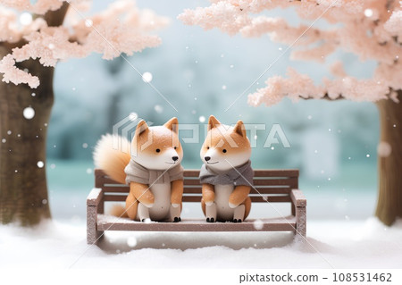柴犬和長凳 (3D) 冬天 108531462
