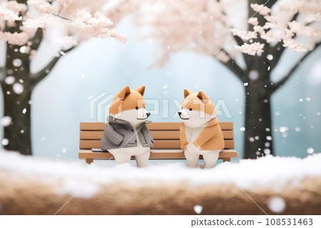 柴犬和長凳 (3D) 冬天 柴犬和長凳 (3D) 冬天 108531463