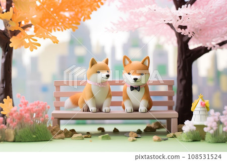 Shiba Inu and Bench (3D) Spring-1 108531524