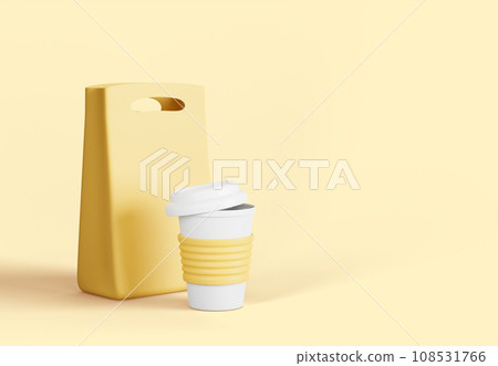Paper lunch bag with handle and plastic cup 3d render background. Mockup food box package for takeaway breakfast or snack, coffee and drink, containers for fastfood cafe meals, banner. 3D illustration 108531766