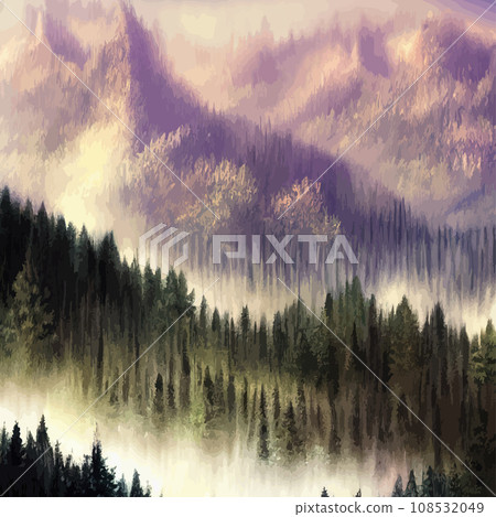 Nature and landscape. illustration trees, forests, mountains, plants. Image for background, card or cover. Illustration. Natural landscape with spruce trees. Modern minimal abstract background Nature and landscape. illustration trees, forests, mountains, plants. Image for background, card or cover. Illustration. Natural landscape with spruce trees. Modern minimal abstract background 108532049