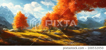 Autumn landscape with trees, mountains. Rural landscape. Autumn background. illustration . beautiful natural for thanksgiving day banner. Minimalist style. flat design 108532050