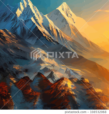 Realistic illustration mountain landscape with a hill forest with coniferous trees, under blue winter sky with space for text. Gray mountains forest retro vintage background illustration. 108532068