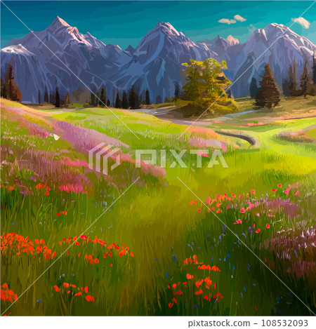 Spring landscape in village with green field and sunset, flat cartoon countryside with mountain and forest, blue sky, natural scene in countryside, sunny day summer Spring landscape in village with green field and sunset, flat cartoon countryside with mountain and forest, blue sky, natural scene in countryside, sunny day summer 108532093