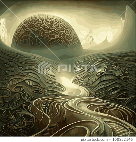 surreal landscape with abstract trees and clouds melting islands off ground. illustration, Dreamy surreal fantasy landscape, lush vegetation ad flowers, pastel colors, digital illustration 108532146