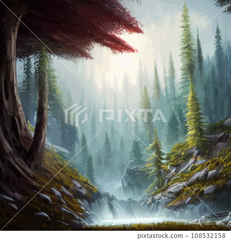 Nature and landscape. illustration trees, forests, mountains, plants. Image for background, card or cover. Illustration. Natural landscape with spruce trees. Modern minimal abstract background Nature and landscape. illustration trees, forests, mountains, plants. Image for background, card or cover. Illustration. Natural landscape with spruce trees. Modern minimal abstract background 108532158