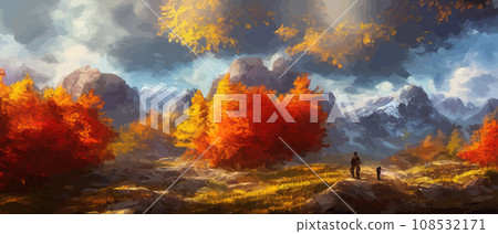 Autumn landscape with trees, mountains. Rural landscape. Autumn background. illustration . beautiful natural for thanksgiving day banner. Minimalist style. flat design 108532171