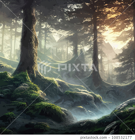 Nature and landscape. illustration trees, forests, mountains, plants. Image for background, card or cover. Illustration. Natural landscape with spruce trees. Modern minimal abstract background 108532177