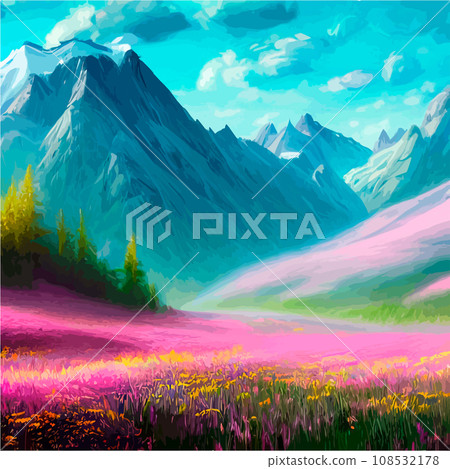 Spring landscape in village with green field and sunset, flat cartoon countryside with mountain and forest, blue sky, natural scene in countryside, sunny day summer 108532178