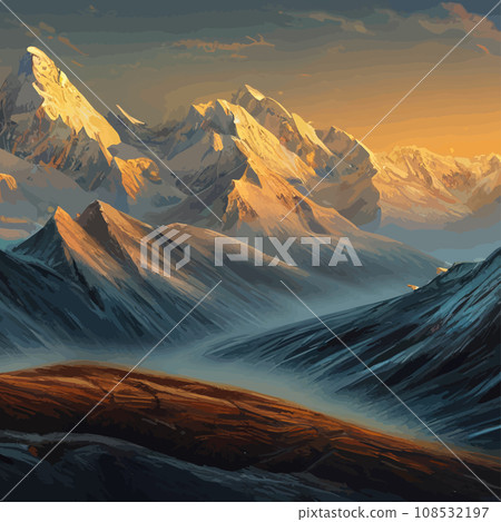 Mountain mature silhouette element outdoor icon snowy ice peaks and decorative, Realistic illustration of mountain landscape with hill and forest with coniferous trees Mountain mature silhouette element outdoor icon snowy ice peaks and decorative, Realistic illustration of mountain landscape with hill and forest with coniferous trees 108532197