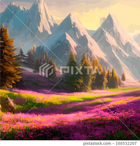 Spring landscape in village with green field and sunset, flat cartoon countryside with mountain and forest, blue sky, natural scene in countryside, sunny day summer Spring landscape in village with green field and sunset, flat cartoon countryside with mountain and forest, blue sky, natural scene in countryside, sunny day summer 108532207