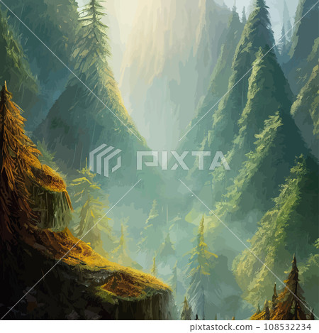 Nature and landscape. illustration trees, forests, mountains, plants. Image for background, card or cover. Illustration. Natural landscape with spruce trees. Modern minimal abstract background Nature and landscape. illustration trees, forests, mountains, plants. Image for background, card or cover. Illustration. Natural landscape with spruce trees. Modern minimal abstract background 108532234
