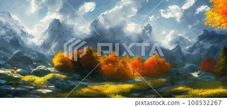 Autumn landscape with trees, mountains. Rural landscape. Autumn background. illustration . beautiful natural for thanksgiving day banner. Minimalist style. flat design 108532267
