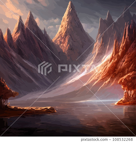 Mountain mature silhouette element outdoor icon snowy ice peaks and decorative, Realistic illustration of mountain landscape with hill and forest with coniferous trees 108532268