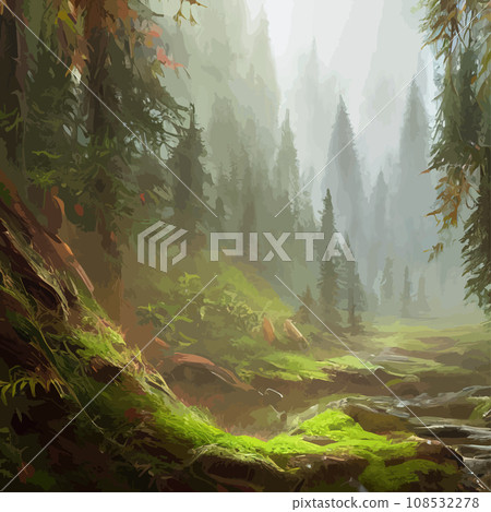 Nature and landscape. illustration trees, forests, mountains, plants. Image for background, card or cover. Illustration. Natural landscape with spruce trees. Modern minimal abstract background 108532278