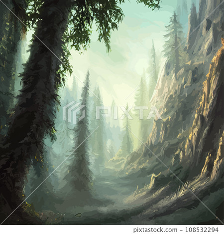 Nature and landscape. illustration trees, forests, mountains, plants. Image for background, card or cover. Illustration. Natural landscape with spruce trees. Modern minimal abstract background 108532294