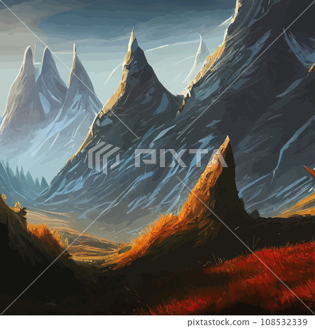 Mountain mature silhouette element outdoor icon snowy ice peaks and decorative, Realistic illustration of mountain landscape with hill and forest with coniferous trees 108532339