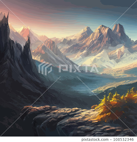 Realistic illustration mountain landscape with a hill forest with coniferous trees, under blue winter sky with space for text. Gray mountains forest retro vintage background illustration. 108532346