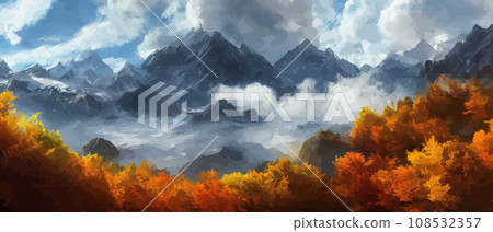 Autumn landscape with trees, mountains. Rural landscape. Autumn background. illustration . beautiful natural for thanksgiving day banner. Minimalist style. flat design Autumn landscape with trees, mountains. Rural landscape. Autumn background. illustration . beautiful natural for thanksgiving day banner. Minimalist style. flat design 108532357