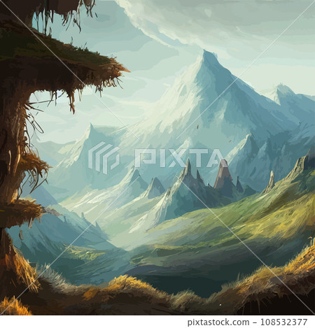 Mountain landscape. Mountain landscape. illustration. Abstract background. Fantasy theme morning landscape, sunrise mountains. landscape with blue mountains silhouettes with fog cold sunlight 108532377